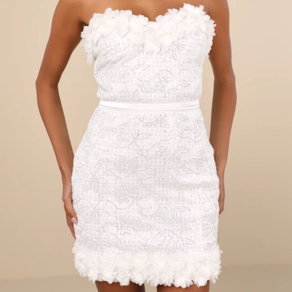 Lulu's Ivory Floral Ideal Party White Sequin Strapless Floral Mini Dress